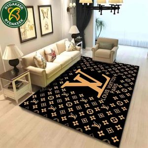 Louis Vuitton Black And Gold Luxury Rug Carpet Elegant Designer Home Decor