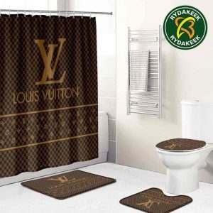 Louis Vuitton Luxury Brown And Gold  Bathroom Set With Shower Curtain
