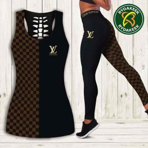 Louis Vuitton Luxury Brown & Black Signature Tank Top And Leggings Set Luxury Gym Outfit For Women