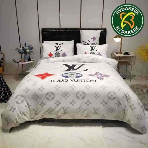Louis Vuitton Luxury Colorful logo in White Background Queen Bedding Set For Elegant Bedroom Decor