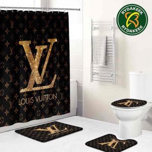 Louis Vuitton Luxury Golden Logo Monogram  Background Black Dark Bathroom Set With Shower Curtain
