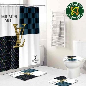 Louis Vuitton Luxury Golden Logo Monogram White Black Gold Bathroom Set With Shower Curtain
