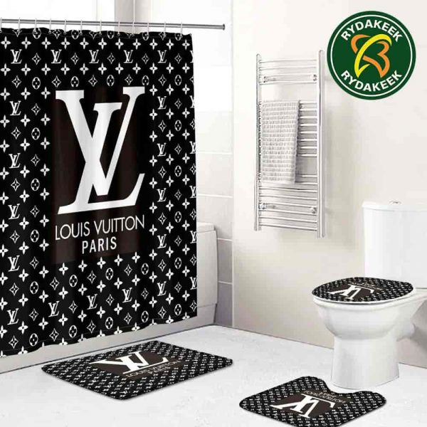 Louis Vuitton Luxury Monogram Black And White Dark Bathroom Set With Shower Curtain