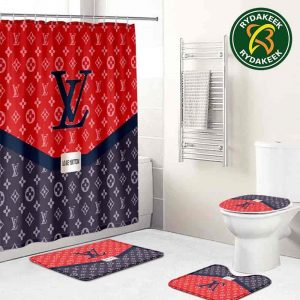 Louis Vuitton Luxury Monogram Supreme Red And Blue Bathroom Set With Shower Curtain