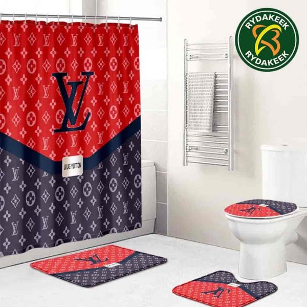 Louis Vuitton Luxury Monogram Supreme Red And Blue Bathroom Set With Shower Curtain
