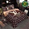 Louis Vuitton Luxury Paris Logo in Maroon Background Queen Bedding Set For Elegant Bedroom Decor