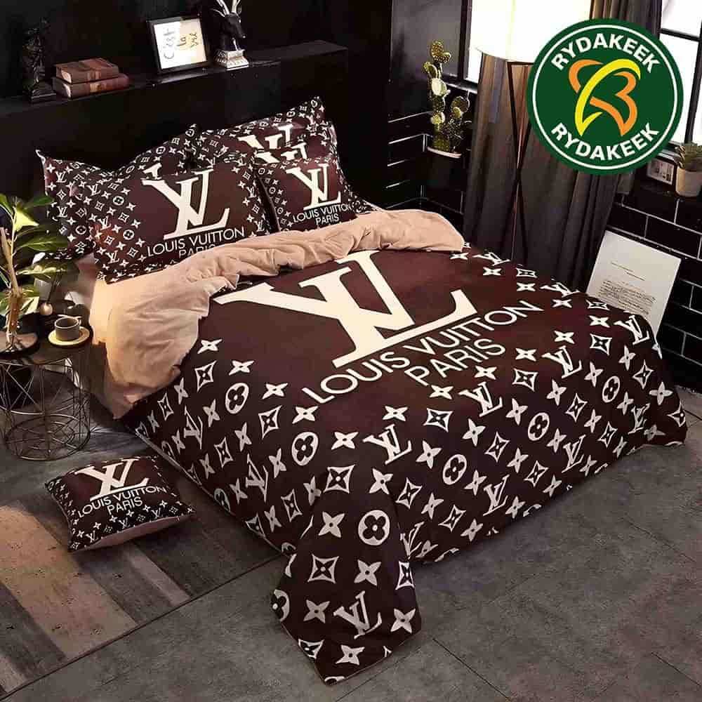 Louis Vuitton Luxury Paris Logo in Maroon Background Queen Bedding Set For Elegant Bedroom Decor Louis Vuitton Luxury Paris Logo in Maroon Background Queen Bedding Set For Elegant Bedroom Decor