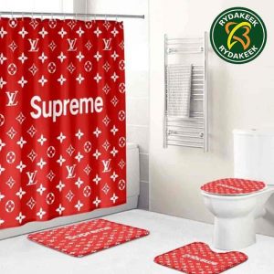 Louis Vuitton Luxury Supreme Logo Monogram With Red Background Bathroom Set With Shower Curtain