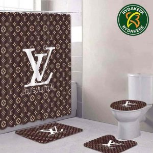 Louis Vuitton Luxury White Logo Monogram Brown Bathroom Set With Shower Curtain