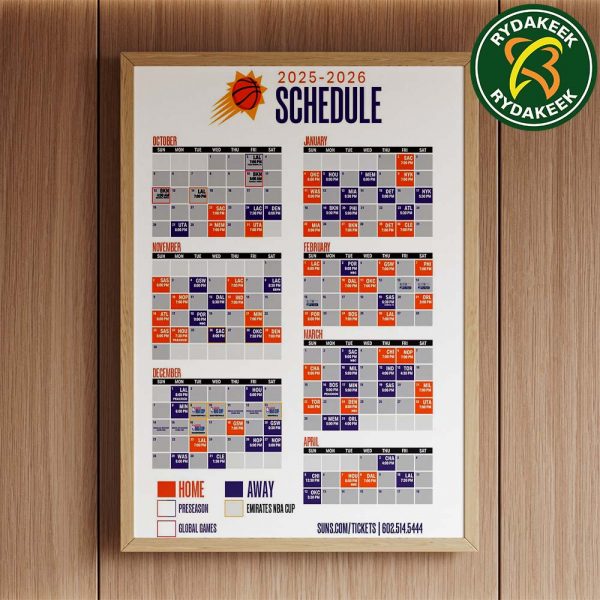 The official NBA schedule of Phoenix Suns 2025 Home Decor Poster Canvas