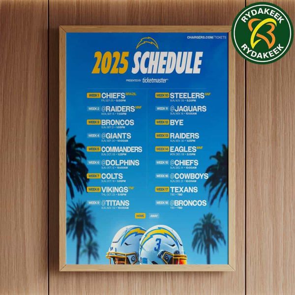 The official NFL schedule of Los Angeles Chargers 2025 Home Decor Poster Canvas