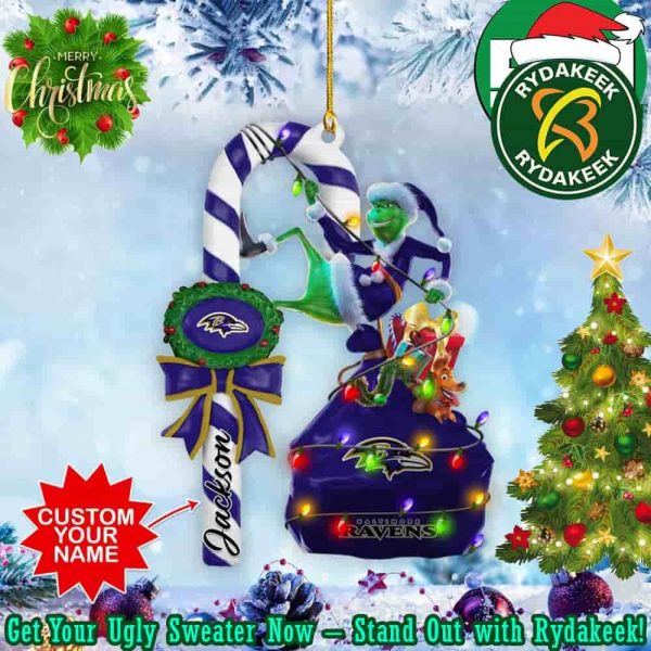 Baltimore Ravens NFL x Grinch Christmas Gift Tree Decorations Custom Name Candy Cane Ornament