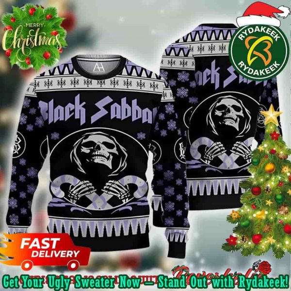 Black Sabbath Band The Death Skeleton Holding Candy Cane Ugly Christmas Sweater For Family And Friend