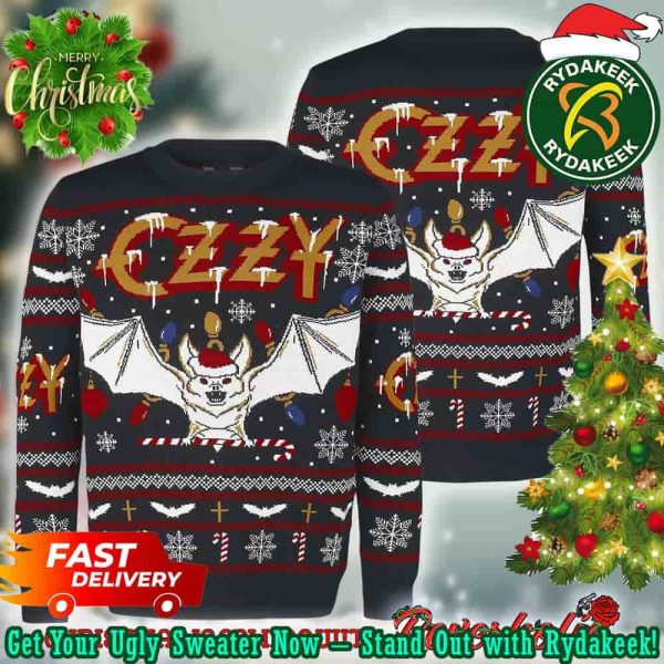 Black Sabbath Ozzy Osbourne Christmas Bat Incident With Santa Hat Holiday Heavy Metal Ugly Christmas Sweater For Family