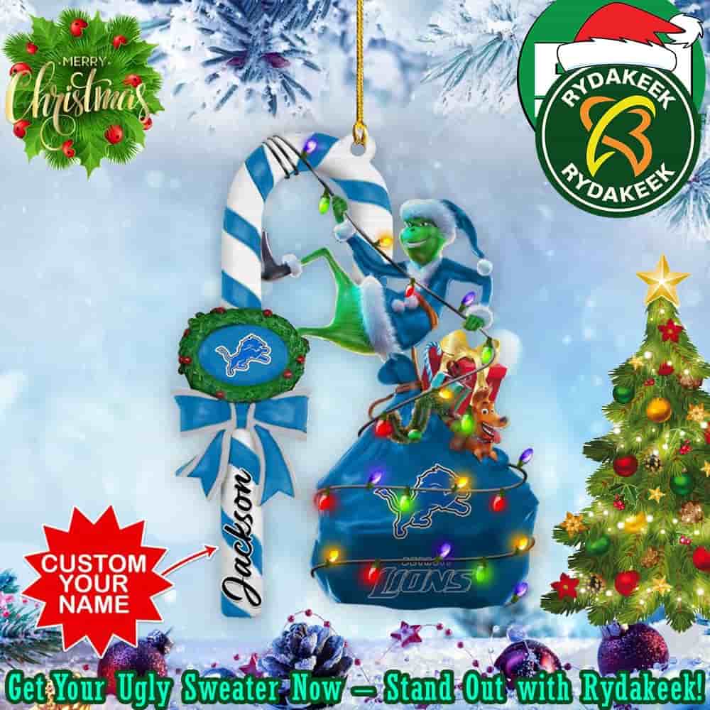 Detroit Lions NFL x Grinch Custom Name Candy Cane Christmas Tree Decorations Ornament