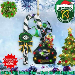 Green Bay Packers NFL x Grinch Candy Cane Custom Name Christmas Tree Decorations Ornament