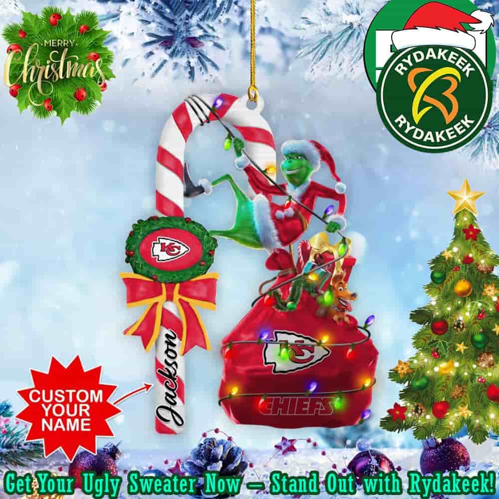 Kansas City Chiefs NFL x Grinch Christmas Tree Candy Cane Decorations Custom Name Ornament