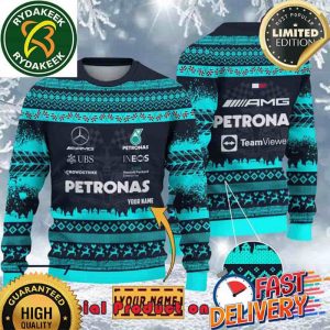 Mercedes AMG Petronas F1 Racing Team Custom Name Ugly Christmas Sweater For Holiday 2025 Xmas Gifts