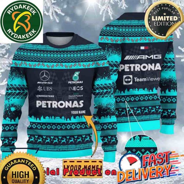 Mercedes AMG Petronas F1 Racing Team Custom Name Ugly Christmas Sweater For Holiday 2025 Xmas Gifts