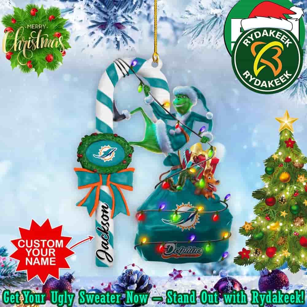 Miami Dolphins NFL Custom Name Grinch Candy Cane Tree Decorations Ornament