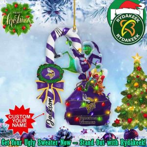 Minnesota Vikings NFL Custom Name x Grinch Candy Cane Tree Decorations Two Sides Ornament