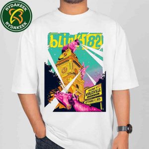New Blink-182 Concert Poster Noblesville Indiana 2025 Featuring Historic Courthouse And Iconic Album Artwork Elements T-Shirt