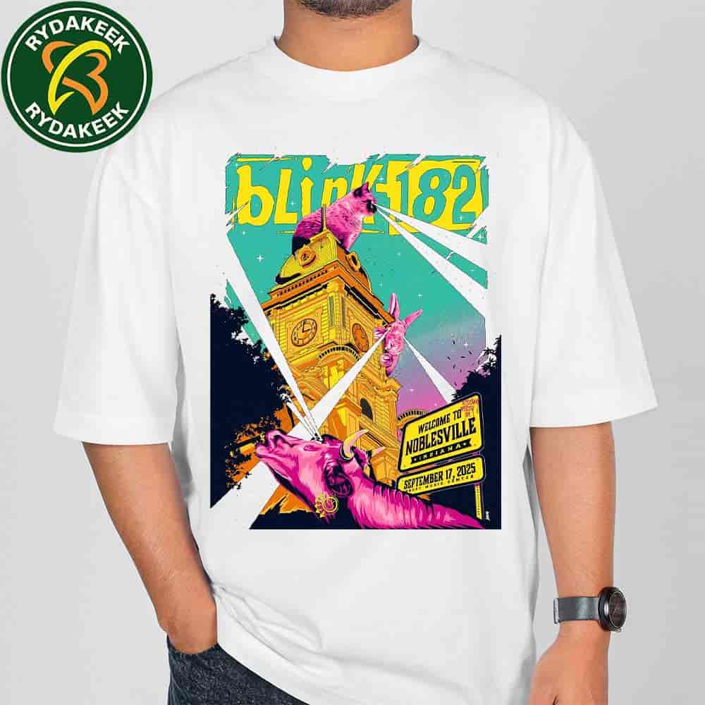 New Blink-182 Concert Poster Noblesville Indiana 2025 Featuring Historic Courthouse And Iconic Album Artwork Elements T-Shirt