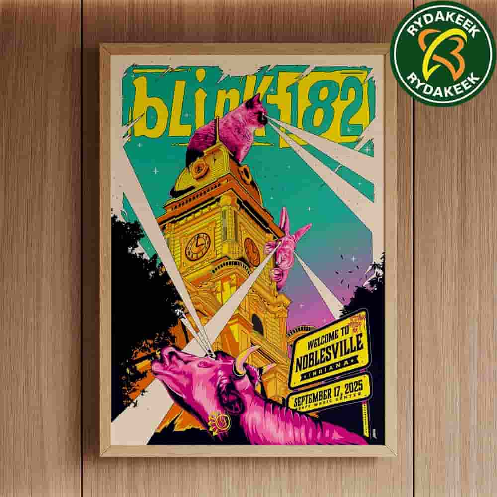 Blink-182 Concert Poster Noblesville Indiana 2025 Featuring Historic Courthouse And Iconic Album Artwork Elements