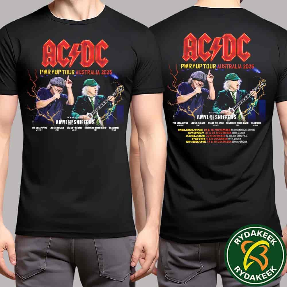 AC DC PWR Up Tour Australia 2025 With Special Guest Dates List Two Sided T-Shirt AC DC PWR Up Tour Australia 2025 With Special Guest Dates List Two Sided T-Shirt