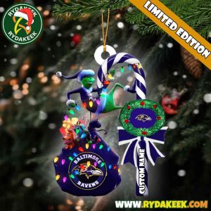 Baltimore Ravens NFL Custom Grinch Candy Cane Name Ornament 2025 Xmas Tree Gift