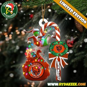 Chicago Bears NFL Custom Grinch Candy Cane Name Ornament 2025 Xmas Tree Gift