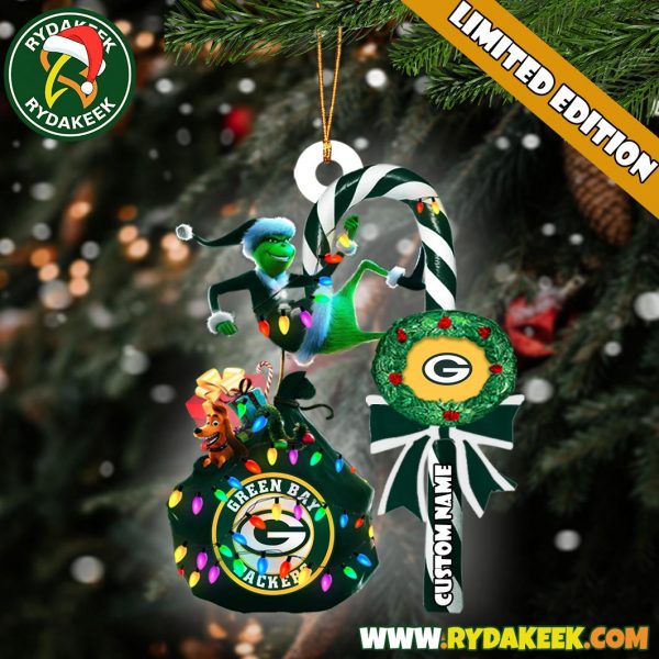 Green Bay Packers NFL Custom Grinch Candy Cane Name Ornament 2025 Xmas Tree Gift