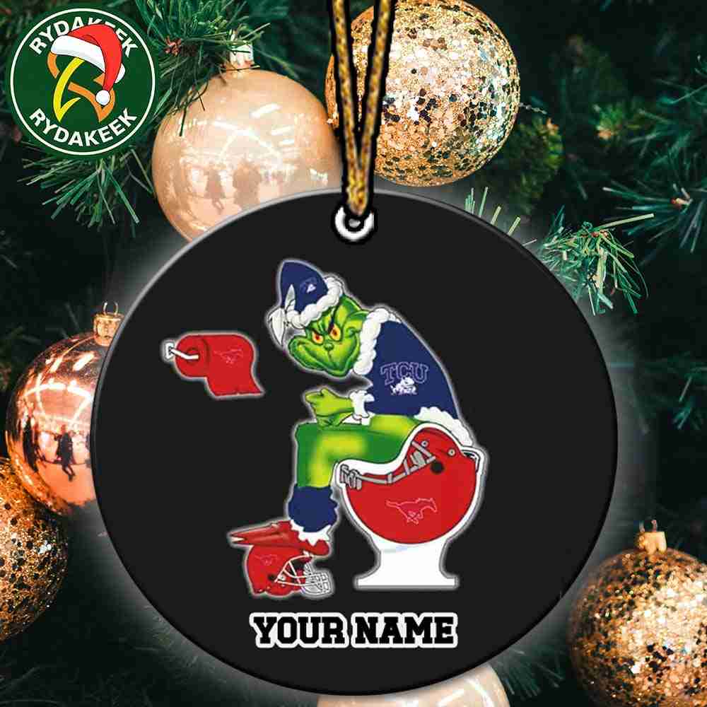 Grinch Christmas X TCU Horned Frogs Sitting On Toilet Smu Mustangs Christmas Tree Decorations Ornament Funny College Football NCAA