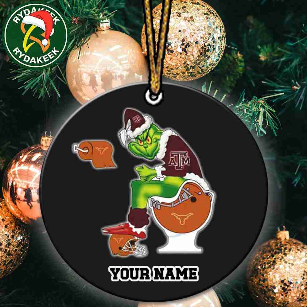 Grinch Christmas X Texas AM Aggies Sitting On Toilet Texas Longhorns Christmas Tree Decorations Ornament Funny College Football NCAA
