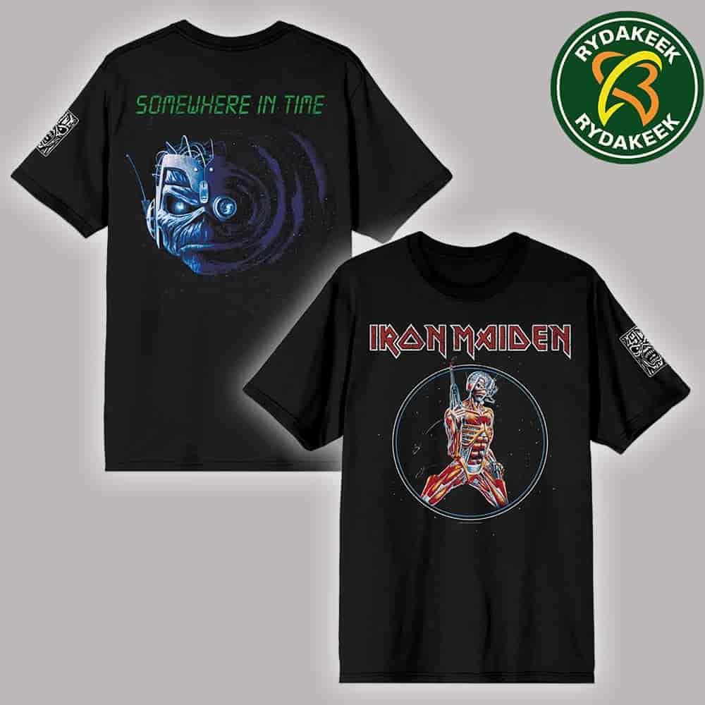 Iron Maiden 50th Anniversary Merch 2025 Somewhere In Time Two Sided Unisex T-Shirt Iron Maiden 50th Anniversary Merch 2025 Somewhere In Time Two Sided Unisex T-Shirt