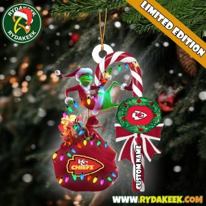 Kansas City Chiefs NFL Custom Grinch Candy Cane Name Ornament 2025 Xmas Tree Gift