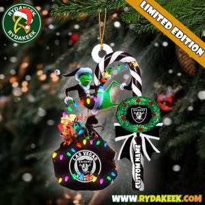 Las Vegas Raiders NFL Custom Grinch Candy Cane Name Ornament 2025 Xmas Tree Gift