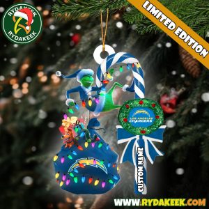 Los Angeles Chargers NFL Custom Grinch Candy Cane Name Ornament 2025 Xmas Tree Gift