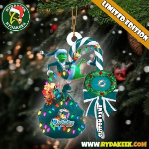 Miami Dolphins NFL Custom Grinch Candy Cane Name Ornament 2025 Xmas Tree Gift
