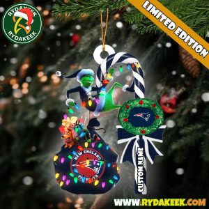 New England Patriots NFL Custom Grinch Candy Cane Name Ornament 2025 Xmas Tree Gift