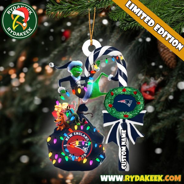 New England Patriots NFL Custom Grinch Candy Cane Name Ornament 2025 Xmas Tree Gift