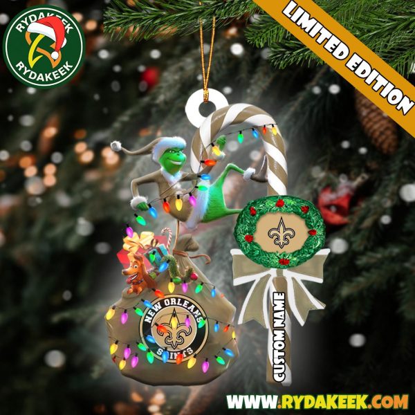 New Orleans Saints NFL Custom Grinch Candy Cane Name Ornament 2025 Xmas Tree Gift
