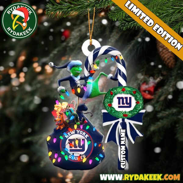 New York Giants NFL Custom Grinch Candy Cane Name Ornament 2025 Xmas Tree Gift