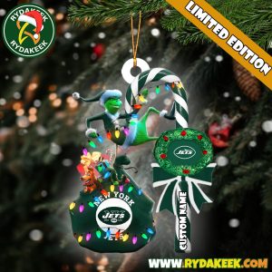 New York Jets NFL Custom Grinch Candy Cane Name Ornament 2025 Xmas Tree Gift