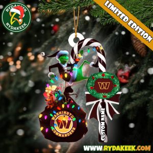 Washington Commanders NFL Custom Grinch Candy Cane Name Ornament 2025 Xmas Tree Gift
