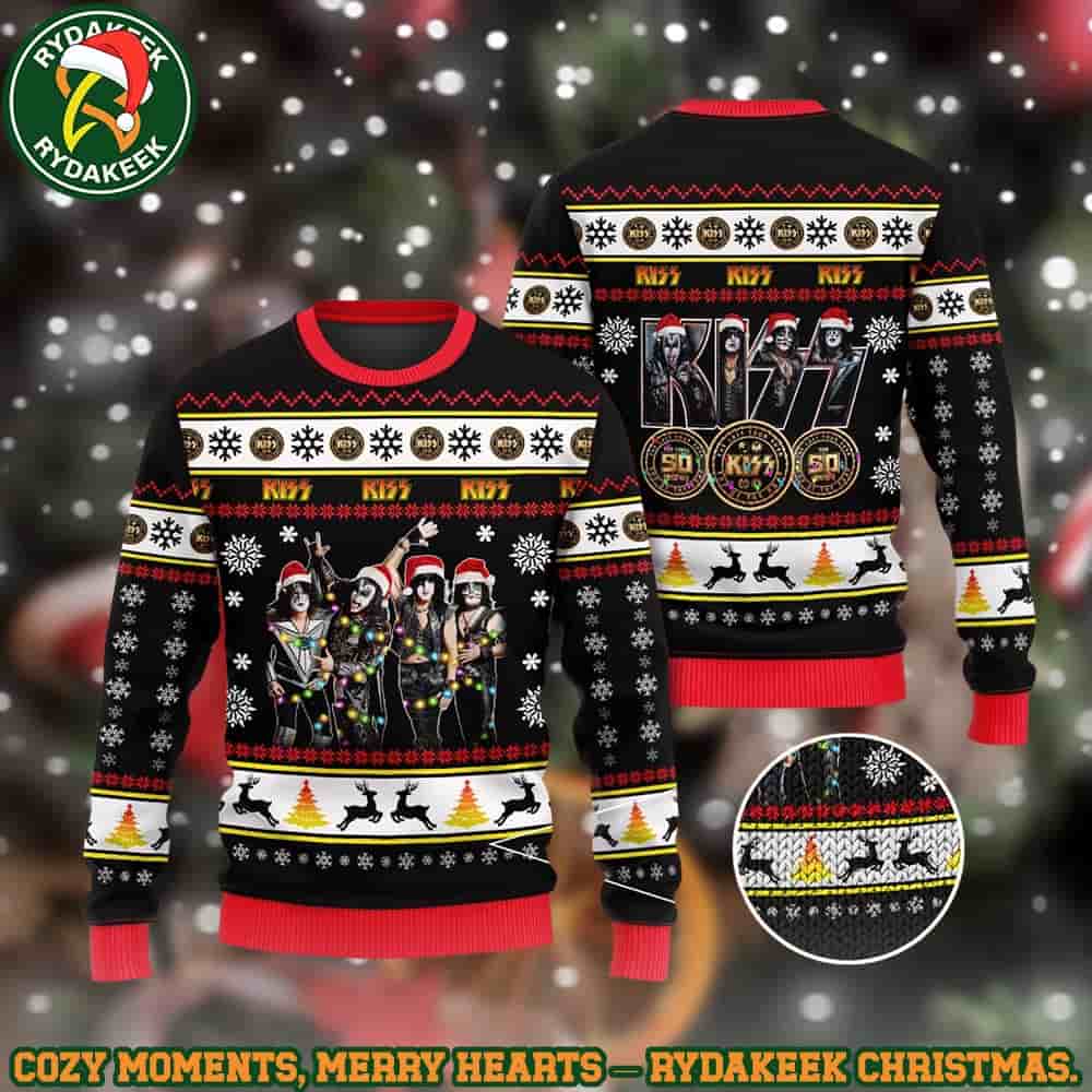 Kiss Band 50th Anniversary Christmas Lights Pattern Christmas Ugly Sweater Gift For Family And Friends Kiss Band 50th Anniversary Christmas Lights Pattern Christmas Ugly Sweater Gift For Family And Friends