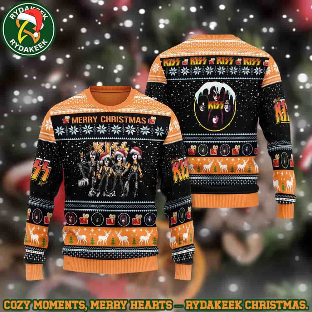 Kiss Band Merry Christmas Orange And Black Reindeer Christmas Ugly Sweater Gift For Family And Friends Kiss Band Merry Christmas Orange And Black Reindeer Christmas Ugly Sweater Gift For Family And Friends