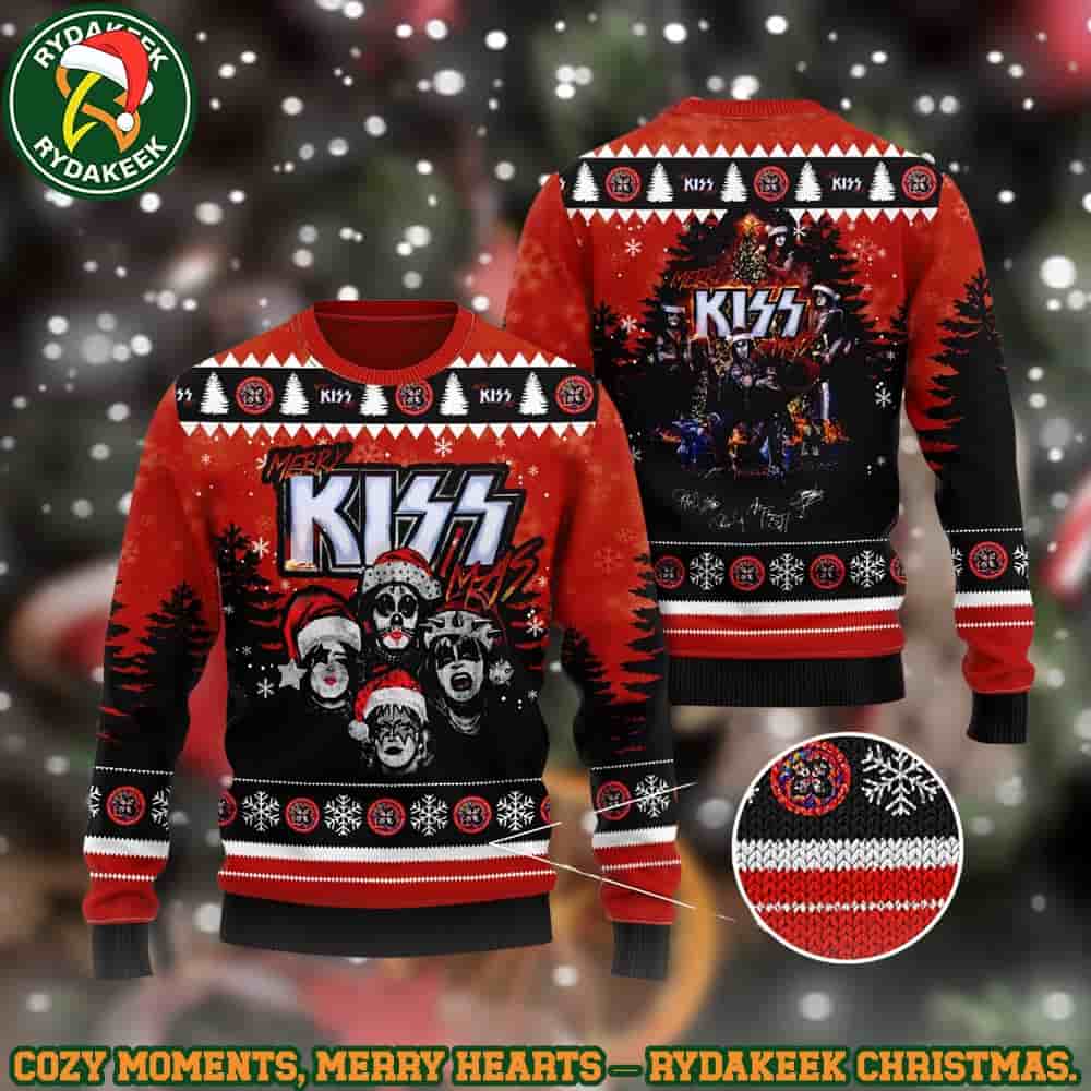 Kiss Band Merry Kissmas Red And Black Snowy Stage Christmas Ugly Sweater Gift For Family And Friends Kiss Band Merry Kissmas Red And Black Snowy Stage Christmas Ugly Sweater Gift For Family And Friends