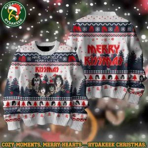 Kiss Band Merry Little Kissmas Snowy Forest White Christmas Ugly Sweater Gift For Family And Friends