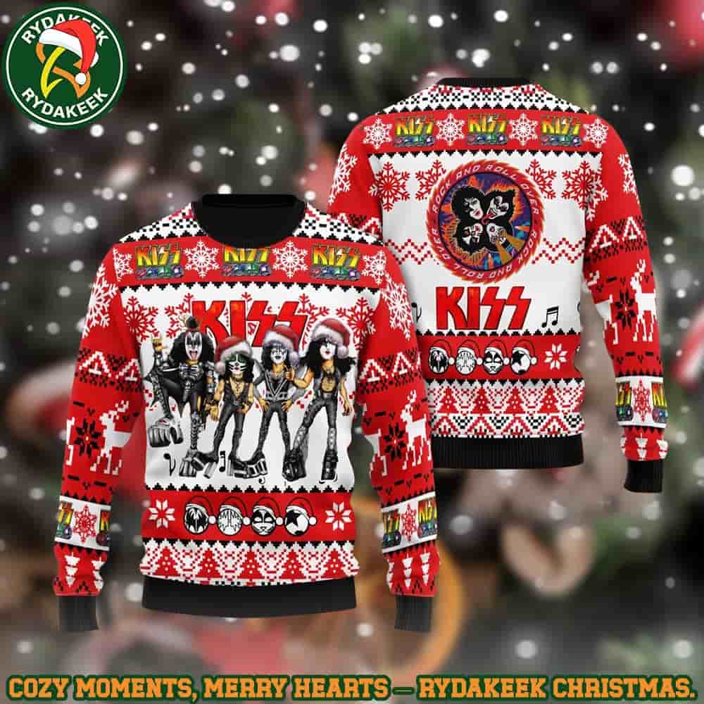 Kiss Band Rock And Roll Over Cartoon Style Christmas Ugly Sweater Gift For Family And Friends Kiss Band Rock And Roll Over Cartoon Style Christmas Ugly Sweater Gift For Family And Friends